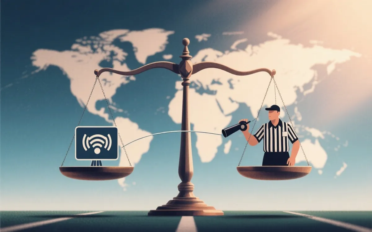 世界杯扩军带来的商业化与公平平衡天平概念插画