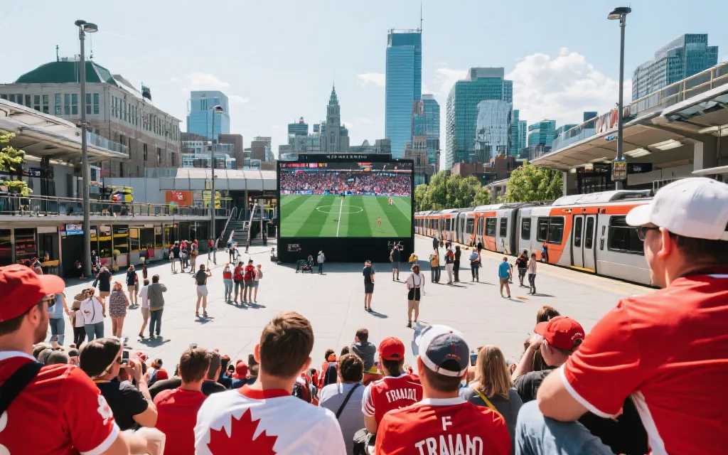 球迷在加拿大城市公共广场观看大屏与地铁换乘的行程规划示意